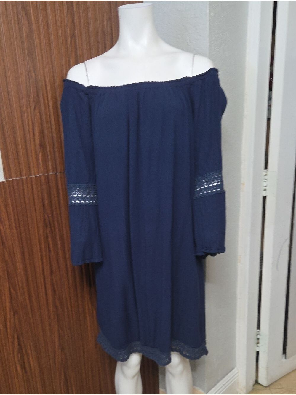 Speed Control Off-Shoulder Navy Dress with Lace Trim Sz 2xlarge [1856]